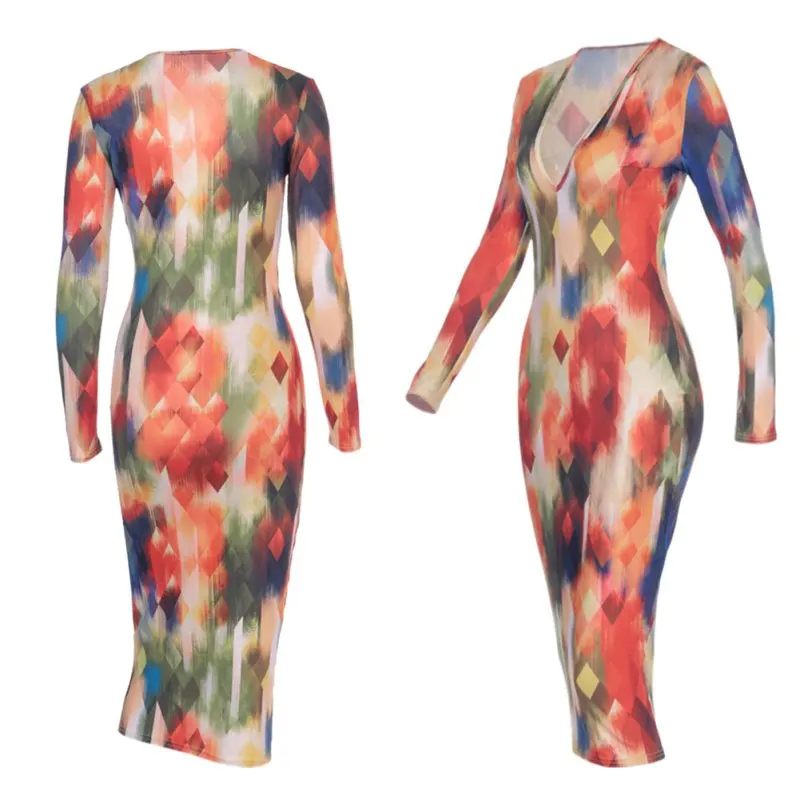 

Sexy V-neck Fashion Dress Spring Printing Women Dress Long Sleeve Vestidos