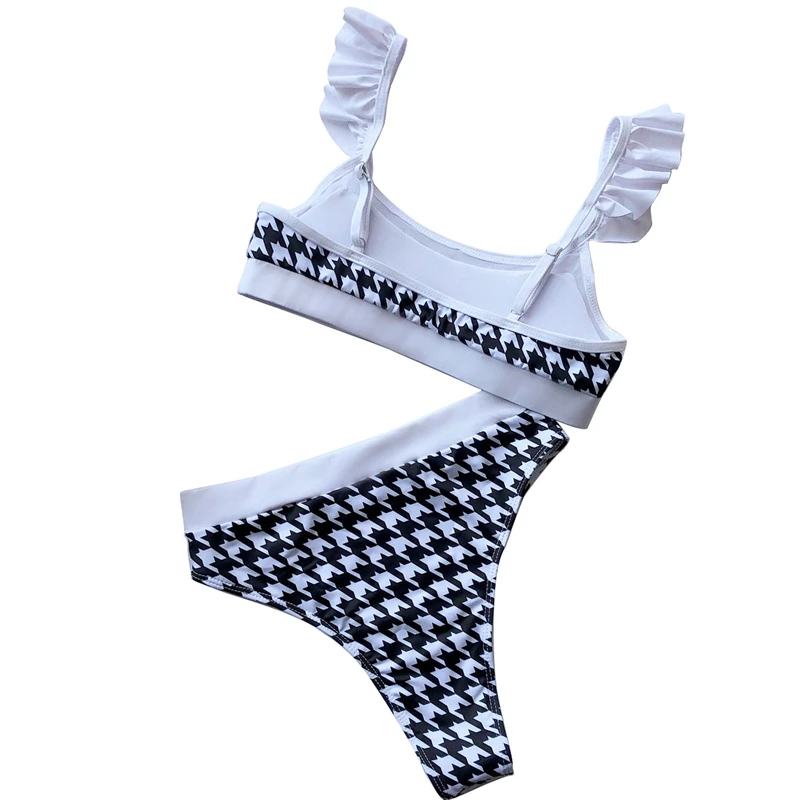 

1PC Summer Women Swimwear Ladies Sexy Swimsuit Bikini Ruffle Shoulder Plaid Printing Two Piece Bikini Set Swimwear Beachwear