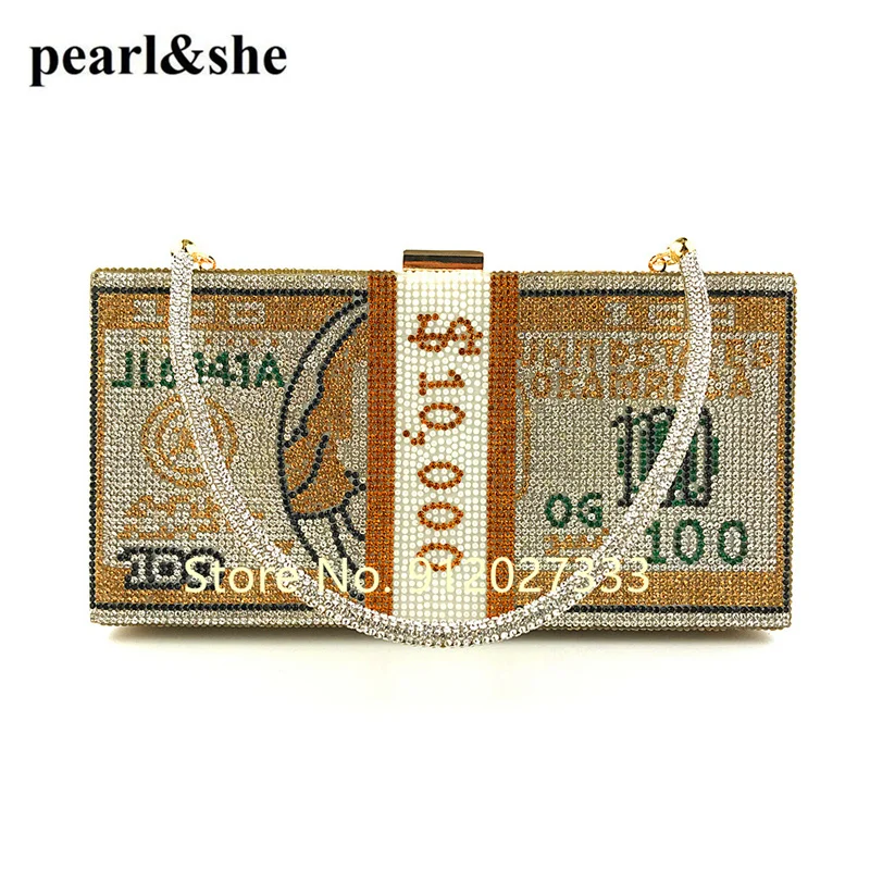 

Money Clutch Rhinestone Purse 10000 Dollars Stack of Cash Evening Handbags Shoulder Wedding Dinner Bag 8 Color