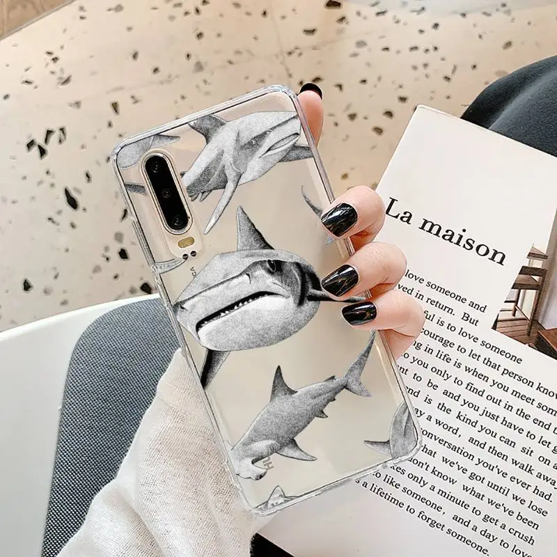 

shark cool Phone Case Transparent for Samsung A71 S9 10 20 HUAWEI p30 40 honor 10i 8x xiaomi note 8 Pro 10t 11