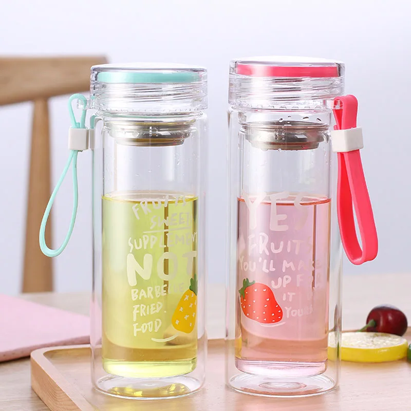 Fruits Pattern Glass Water Bottle Double Walled Glass Cup Hot Insulation Tea Bottle Tea Cup For Children Students