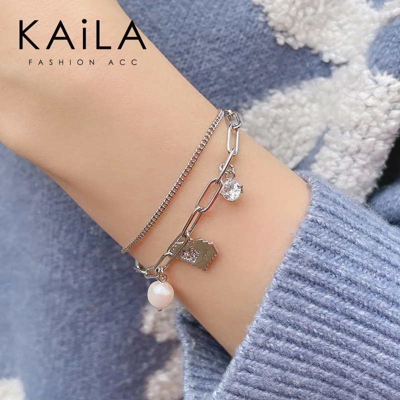 

Yuedong Heart Freshwater Pearl Bracelet Female Simple Baroque Double-layer ins Niche Design Cold Wind High Sense