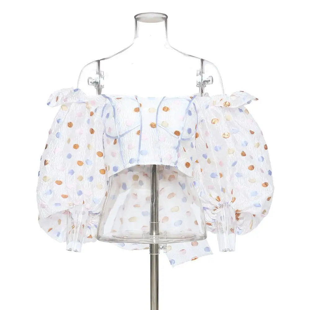 

MSXU Women New Fashion 21 Early Spring Rainbow Polka Dot Seersucker Mesh Back Lace-up Bow Camisole Top