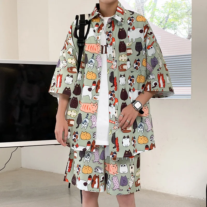 

Sportsuit Men's Summer Short Sleeve 2021 New Flower Print Trend Shirt Loose Shorts Beach Suit Trend