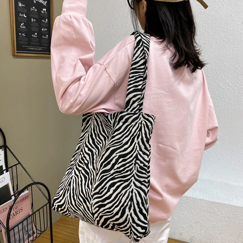 

2021 Fashion Casual Zebra Handbag Shopper Bag Cotton Canvas Shoulder Bag Reusable Eco Tote Bags Female Shopping Bag Beach Bag