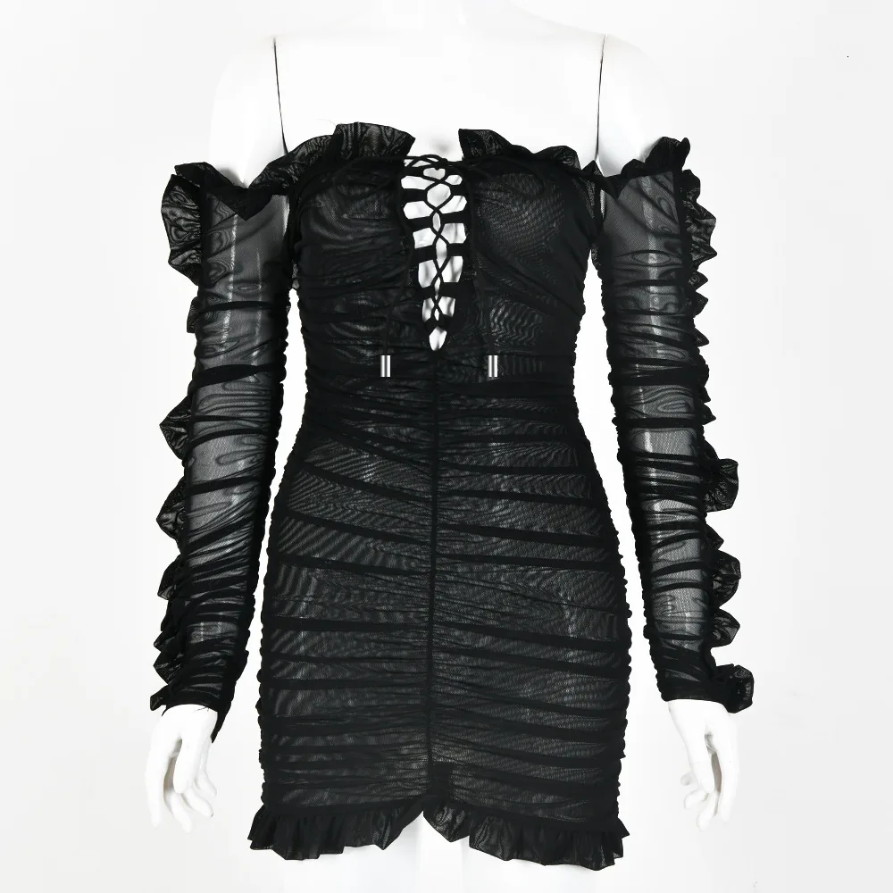 DEAT 2021 весеннее платье с длинным рукавом и вырезом лодочкой черное сексуальное