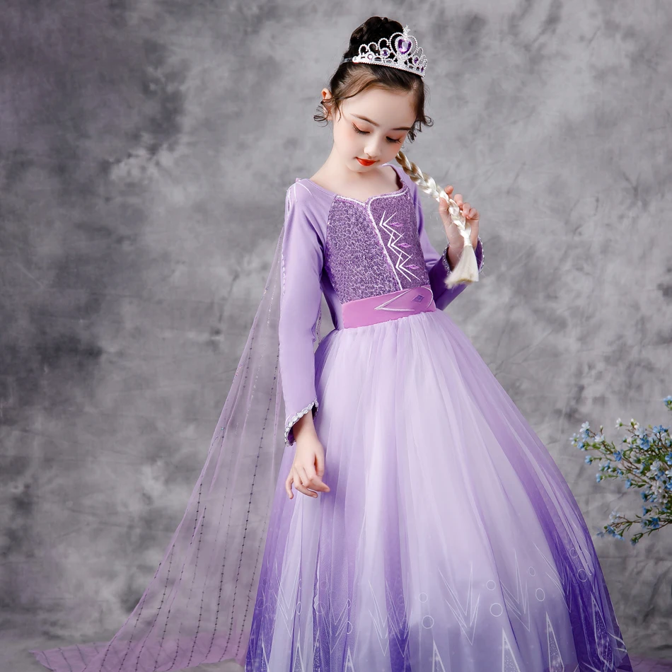 Frozen Elsa Dress Snow Queen 2 Girls Princess Dress Purple Long Sleeve Christmas Carnival Kids Cosplay Costume Wedding Dress