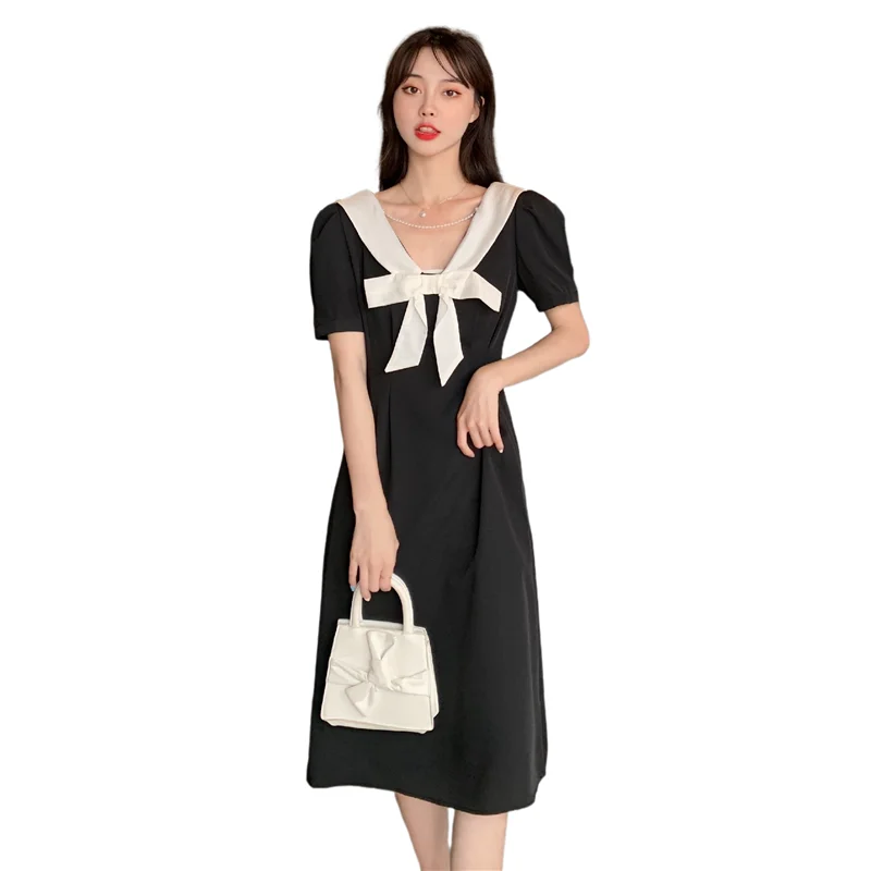 

2021 New Style Summer French Elegant Bow Chiffon Dress Female Mid-Waist Temperament Solid Front And Back Dress Ladies M160