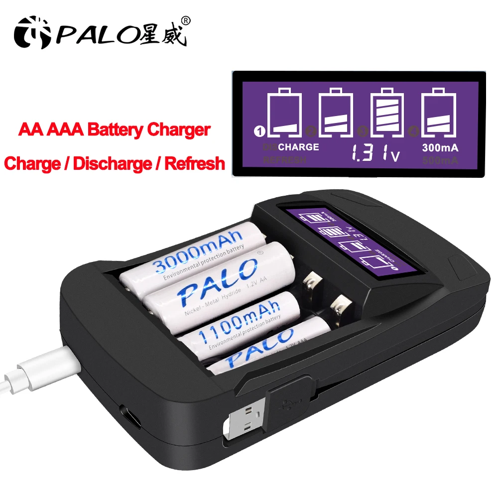 

4 Slots LCD Display Smart Intelligent 2A AA Battery Charger for 1.2V AA / AAA Ni-Cd Ni-MH Nimh Nicd Rechargeable Batteries