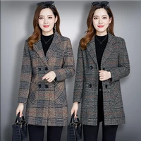 autumn winter blended wool coat women plaid jacket mid long slim coats jackets ladies double breasted elegant woolen outerwear