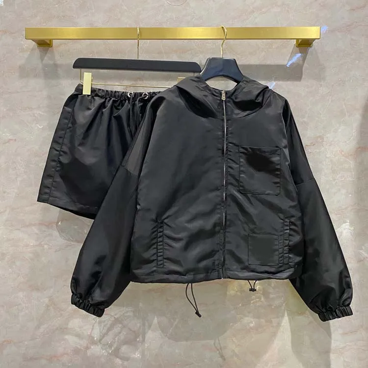 Streetwear Solid Shorts Set for Women Summer High-end Brand New Long Sleeve Hooded Jacket with High Waist Nylon Short Pants Lady