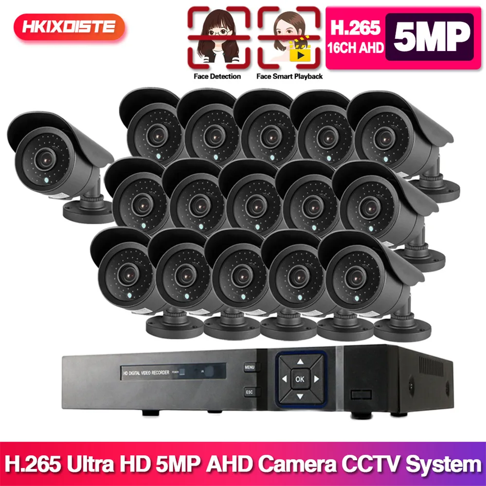 

16CH CCTV System 5MP Face Record AHD DVR System HD 16PCS CCTV Cameras 5.0MP Megapixels Enhanced IR Security Camera With 4TB HDD