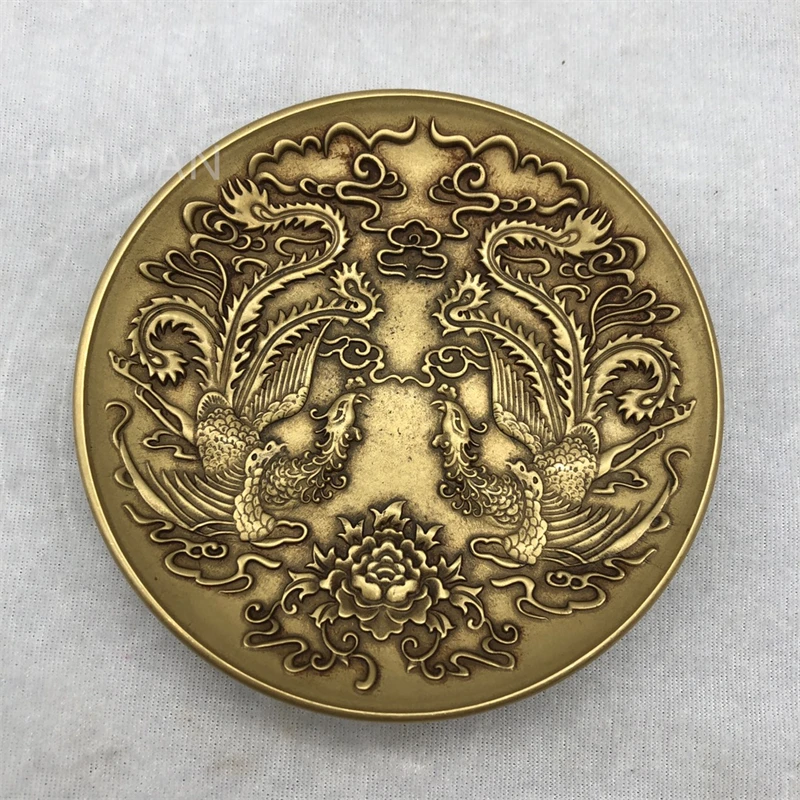 

Chinese Brass Carved Phoenix Saucer Metal Crafts Home Decoration