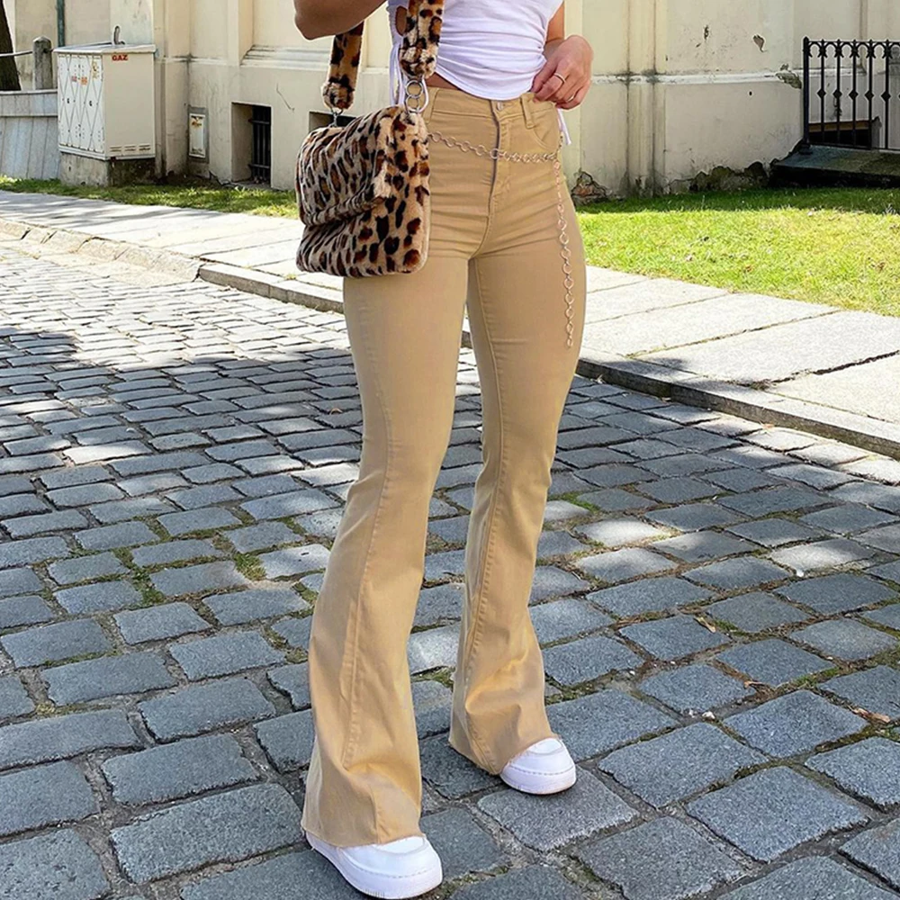 Джинсы женские расклешенные с высокой талией цвета хаки черные коричневые |