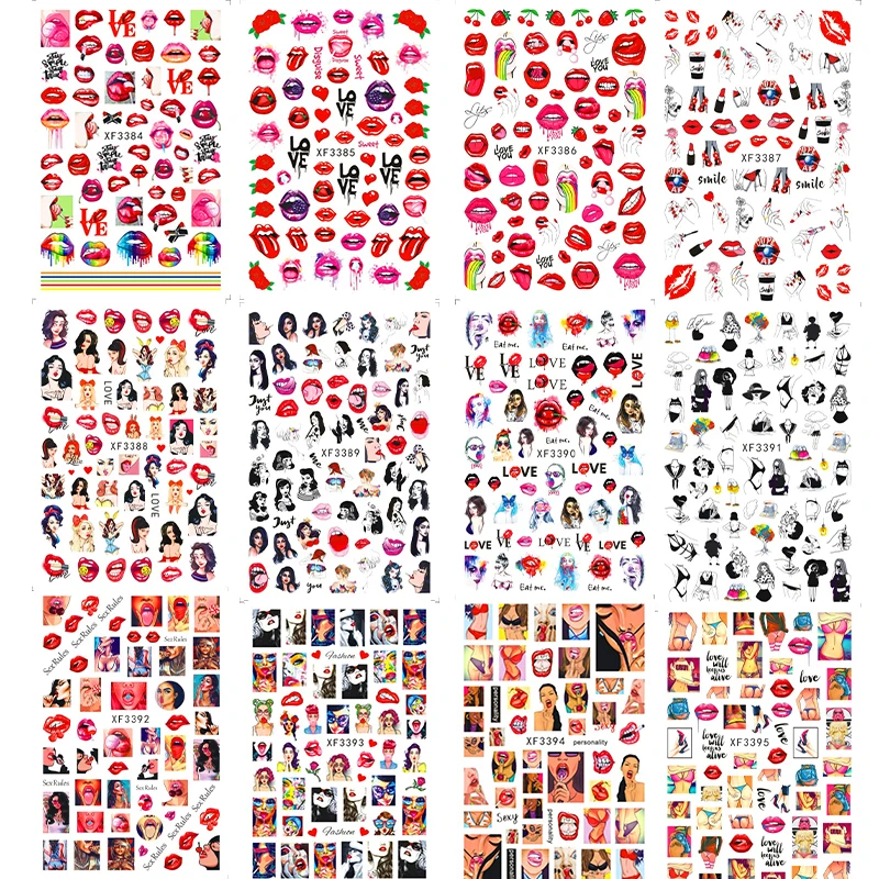 

12Pcs/Sheet Nail Art Sticker Valentines Love Kiss Red Lips Stickers For Nails Adhesive Sliders Cool Lady Stickers #MT
