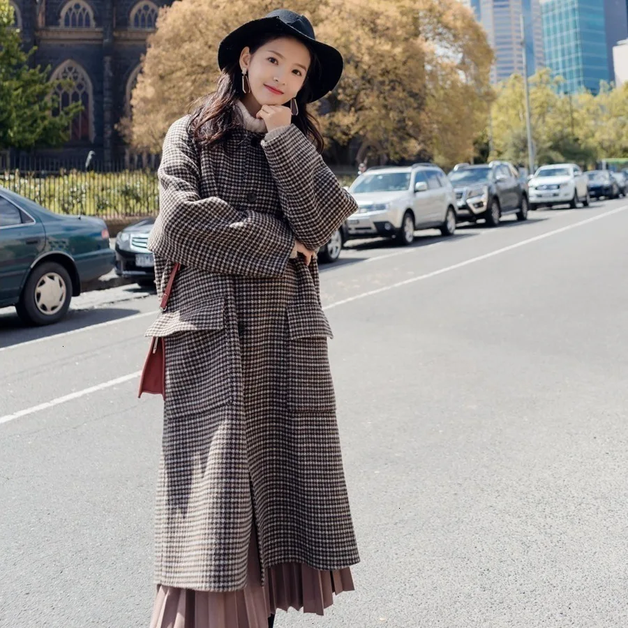 Плед Bovenkleding Herfst En зима ретро однобортный твид Gecontroleerd Jas Chic Revers Wollen Overjas Vrouwelijke |