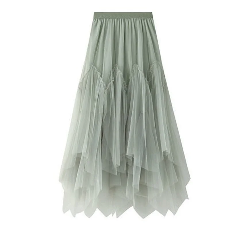 

Mesh Skirt Half-length Skirt Female High Waist Mid-length Irregular A-line Skirt Pleated Skirt