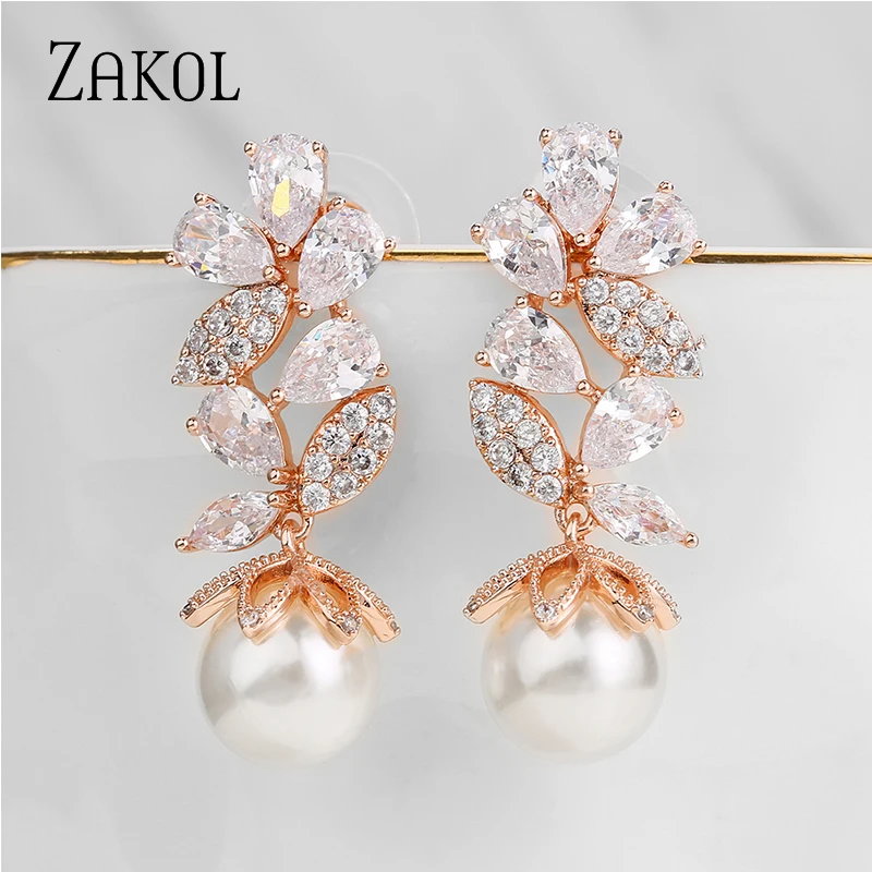ZAKOL новые дизайнерские серьги в форме листа с кубическим цирконием и жемчугом для