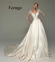 verngo 2021 exquisite applique long sleeve wedding dress satin v neck elegant wedding gowns court train bride dress chic