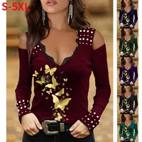 lace v neck casual soft long sleeve butterfly print t shirt women tops blouse plus size s 5xl