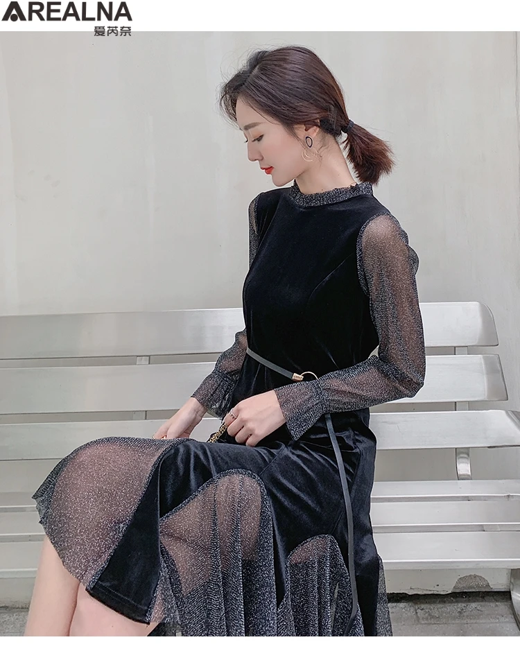 

Mesh Women Lace Velvet Party Dress Sexy vintage 2020 autumn New Mesh Patchwork Fishtail Dress Long sleeve black Casual Dresses