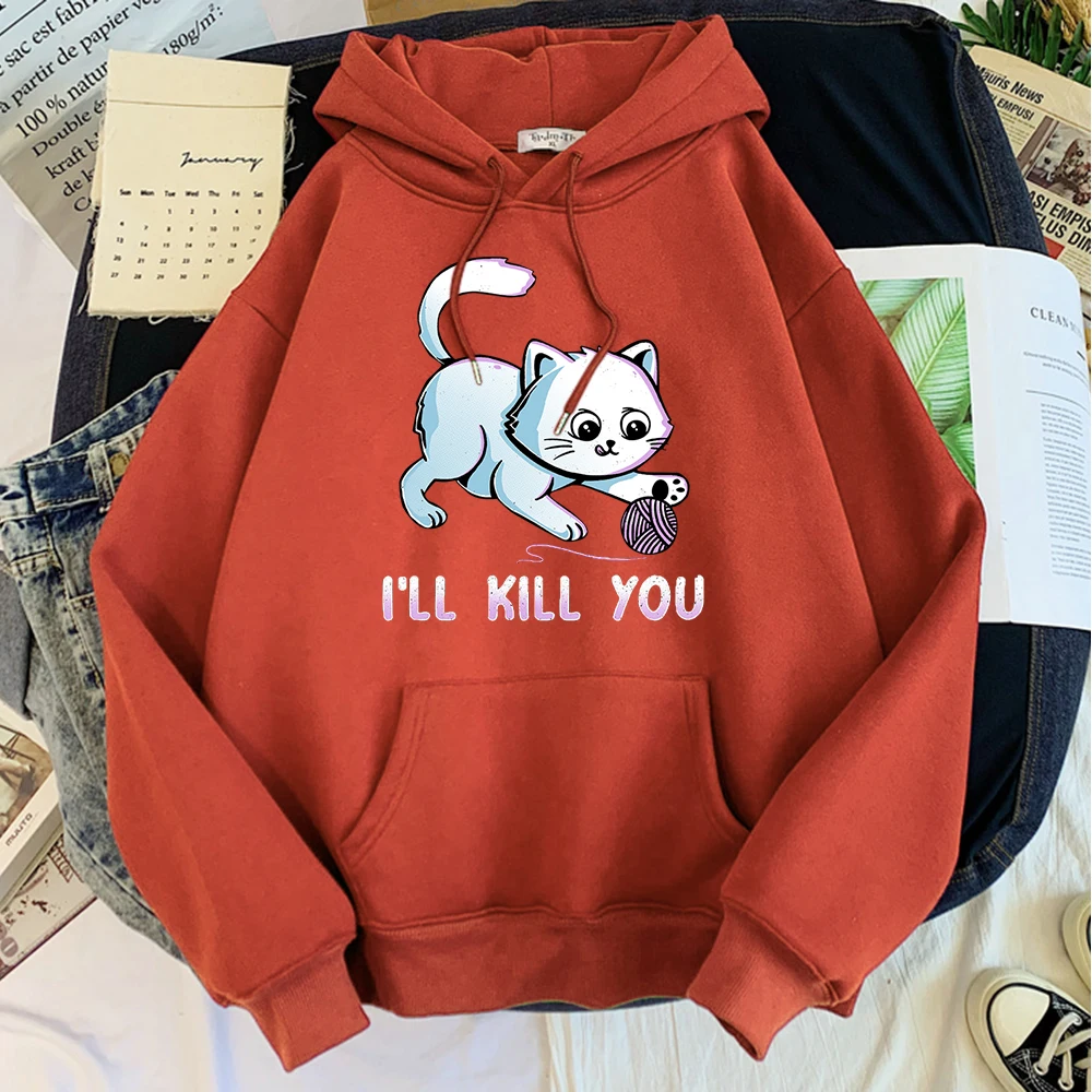 Толстовка с принтом белой кошечки Kawaii i'll убить черный худи для девочек Harajuku