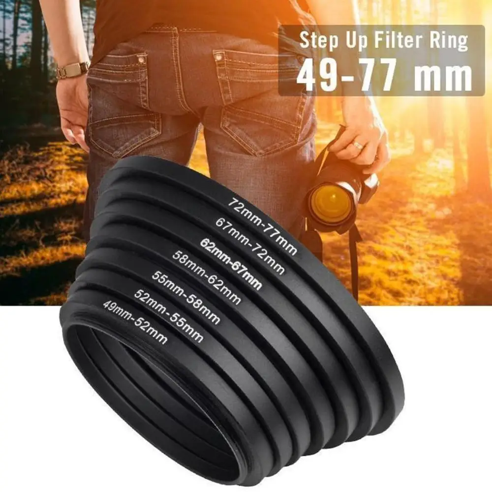 

7PCS 49-52mm 52-55mm 55-58mm 58-62mm 62-67mm 67-72mm Step 72-77mm Metal Ring For Camera Set Filter Mount Up Adapter Lens