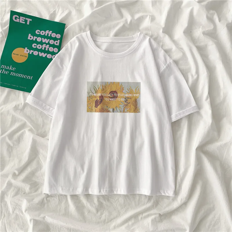 

E-BAIHUI 100% Cotton T Shirt Women Short Sleeve Summer T-shirt Tees Tops Chrysanthemum Print Funny Tshirts Kawaii Tops