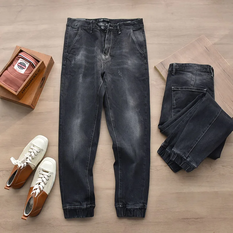 Autumn and winter washed scratch legged jeans men's pants comfortable and versatile retro closure casual pants