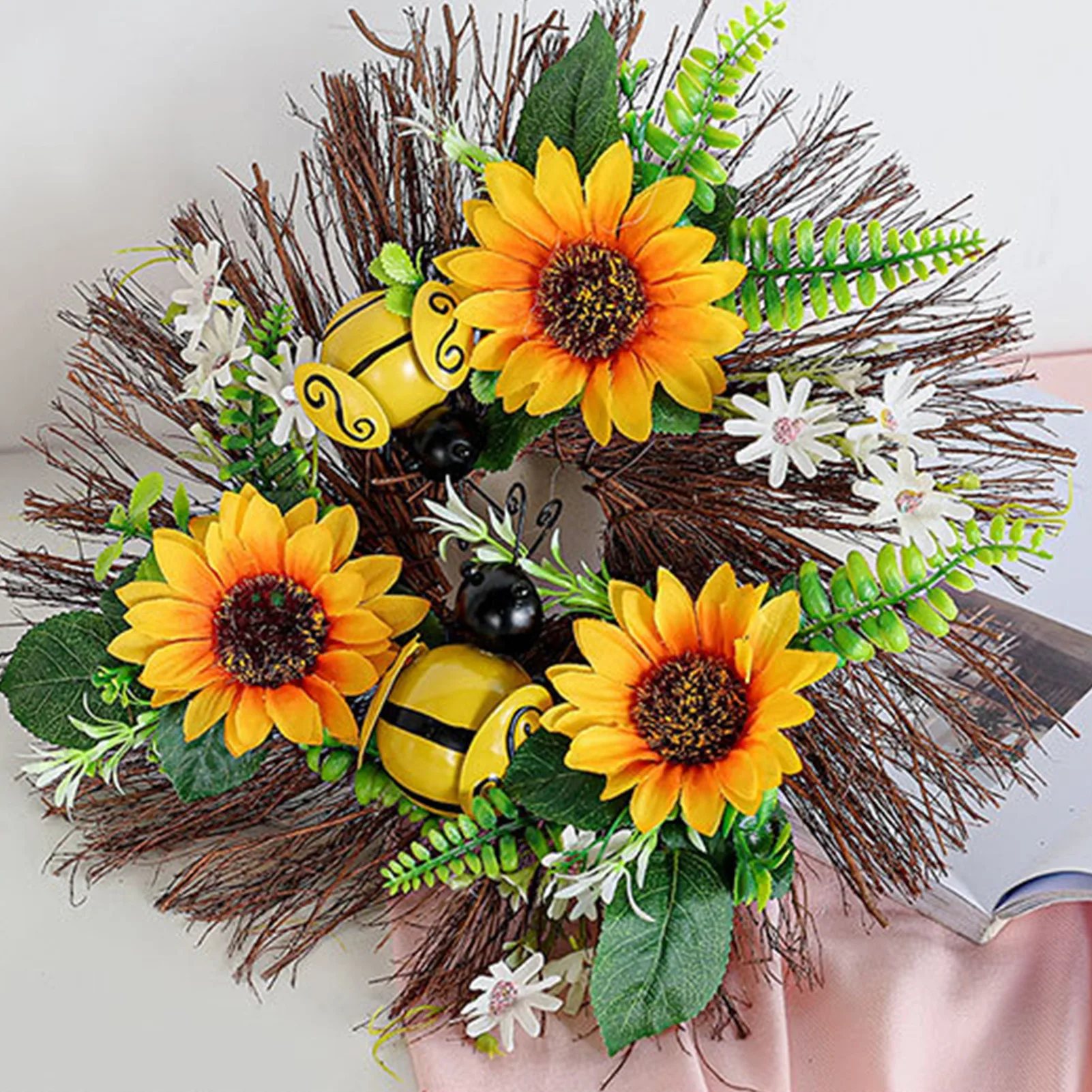

Artificial Sunflower Wreath Floral Wreath Door Hanging Wreath Spring Party Garland Prop Home Decor Wedding Decoration Supplies