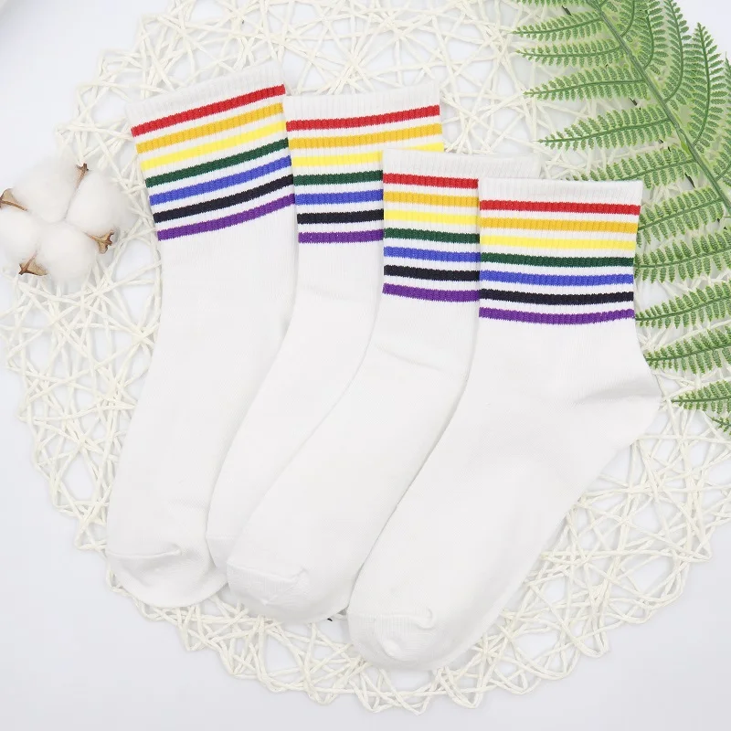 2 pairs 2 пары, женские модные носки с радугой, зимние женские носки, хлопковые носки с радужными полосками, модные теплые Повседневные носки для девочек в стиле Харадзюку - Color: 2 pairs