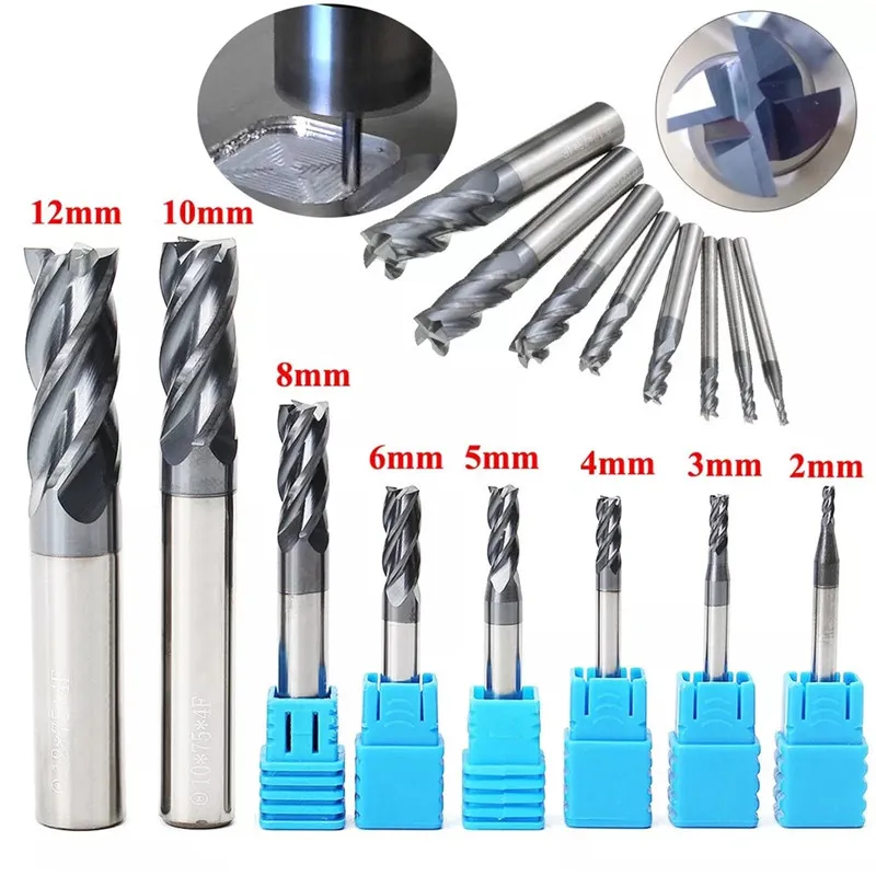 

8PCS 2-12mm 2mm 3mm 4mm 5mm 6mm 8mm 10mm 12mm 4 Flutes Carbide End Mill Set Tungsten Steel Milling Cutter Tool for Drillpro