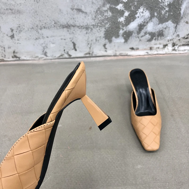 

Women Weave Slippers Square Toe Thin High Heels Slides Mules Shoes Woman Slip On Summer Slippers Flip Flops Pumps Slides 35-39