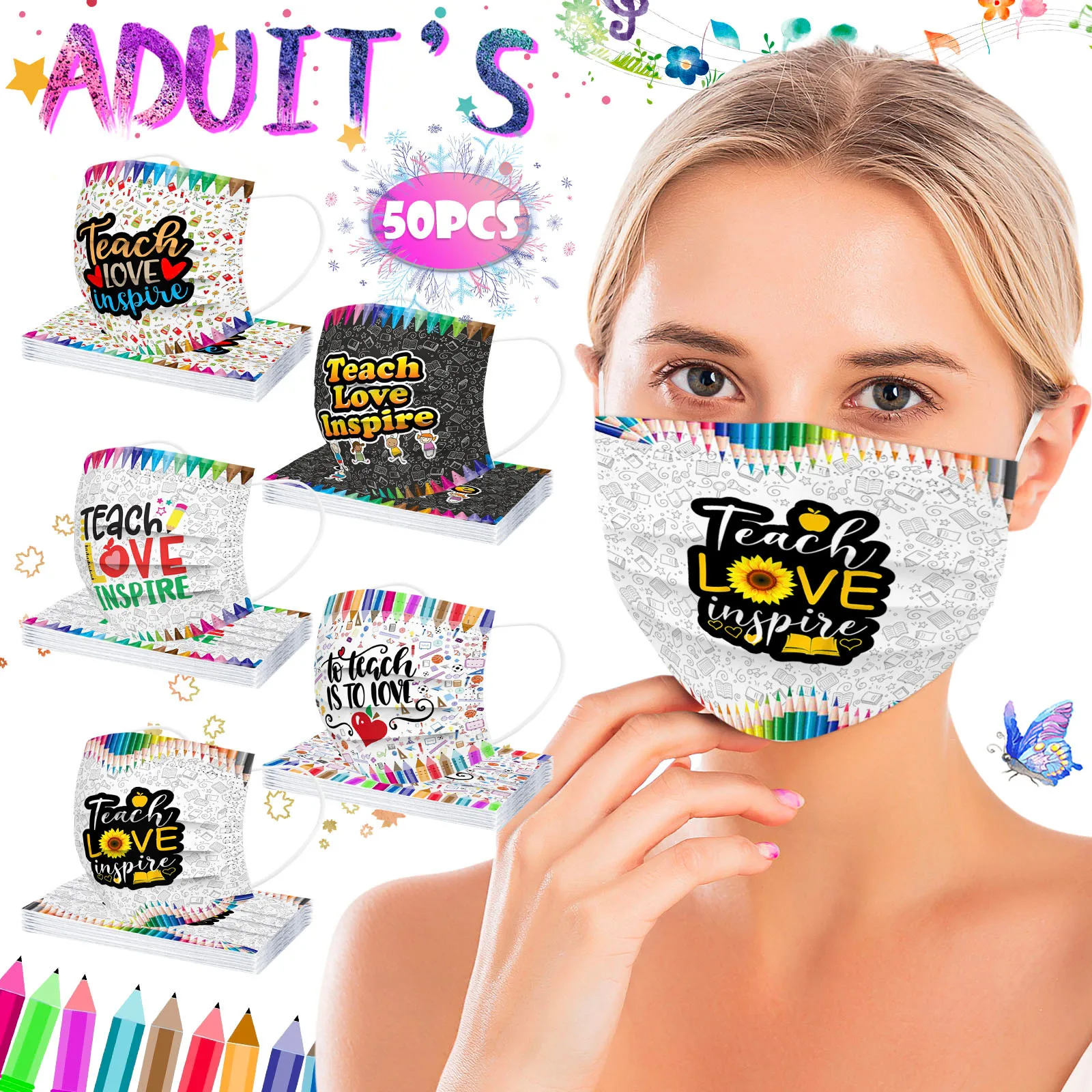 

50PCS Adult Teacher Mask Color Mixed Color Disposable Spunlace Cloth Embossed Halloween Cosplay Mask Suitable For School Use
