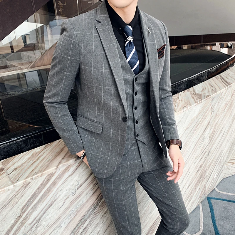 

( Jacket + Vest + Pants ) Boutique Fashion Mens Plaid Casual Business Suit High-end Social Formal Suit 3 Pcs Set Groom Wedding