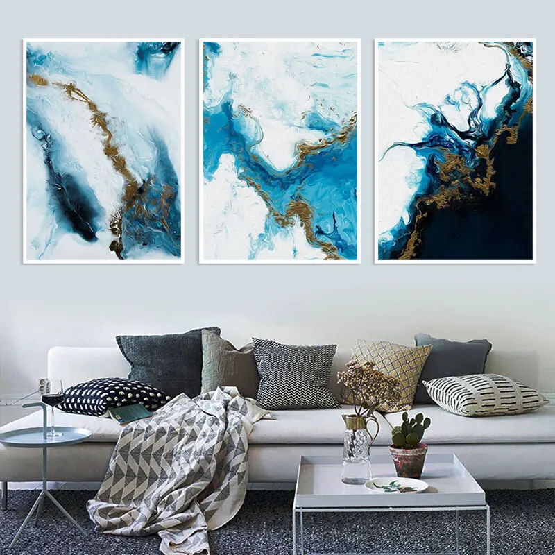 Северные синие и белые мраморные картины на холсте абстрактные постеры