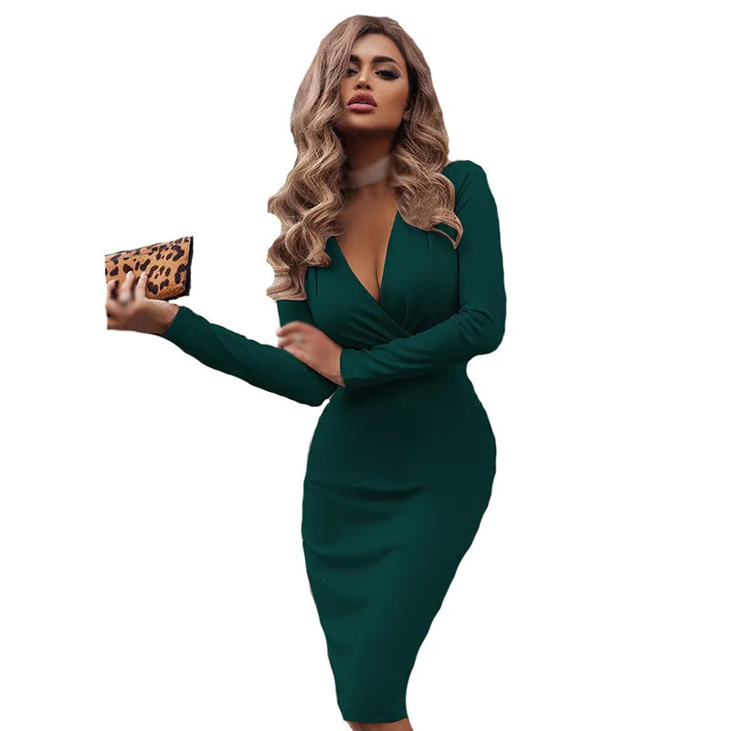 

Women Dress Autumn Winter Casual Solid Color Long Sleeve Elegant Office Lady Dress Sexy Deep V Neck Bodycon Pencil Party Dresses