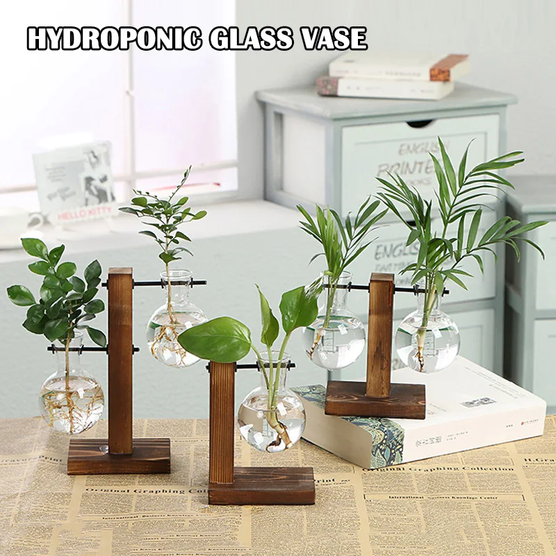 

Hydroponic Plant Vase Vintage Transparent Wooden Rack Decoration for Home Garden Wedding lpfk Vases Home Decor Garden New Hot