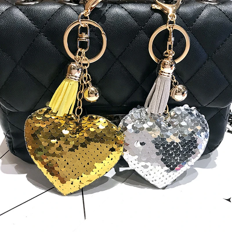 

Women Sequins Heart Bag Keychain With Tassel Cute Glitter Sequins Auto Key Chain