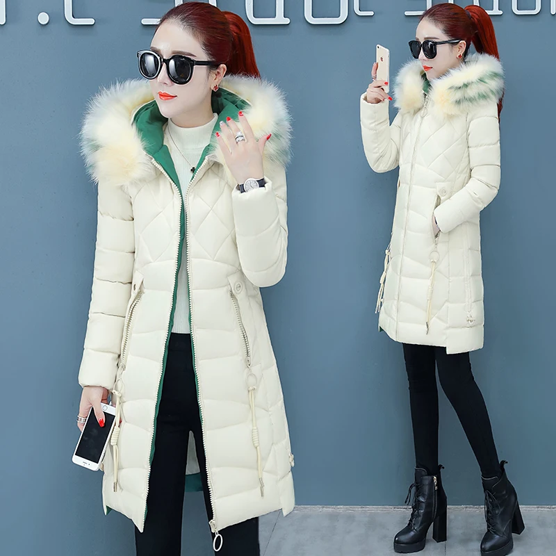 Women's Winter Jacket Artificial Large Fur Collar Hooded Female Coat Slim Cotton-padded Long Outerwear Parka 1211 | Женская одежда