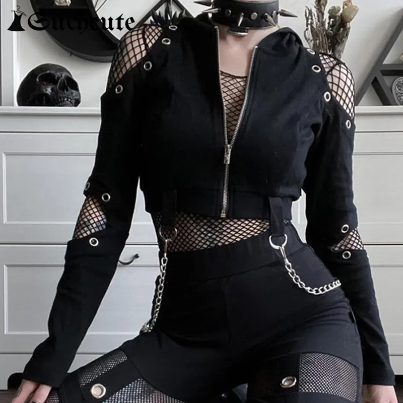 

SUCHCUTE Gothic Women's Hoodies Black Hollow Out Eyelet T-Shirts Harajuku Long Sleeve E Girl Hoodie Tops Streetwear Zip Up Tee