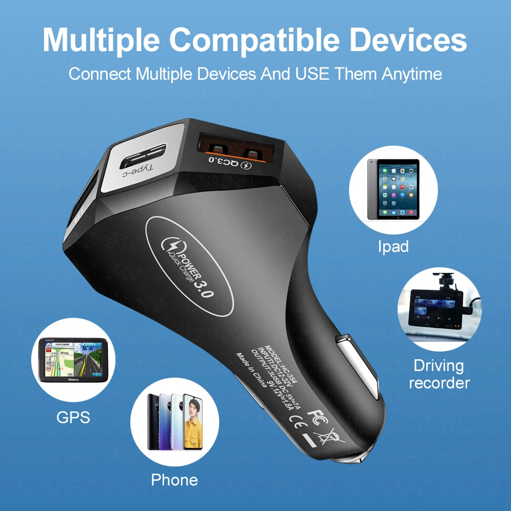 Автомобильное зарядное устройство с 3 мини-портами USB 7A быстрая зарядка для iPhone 13