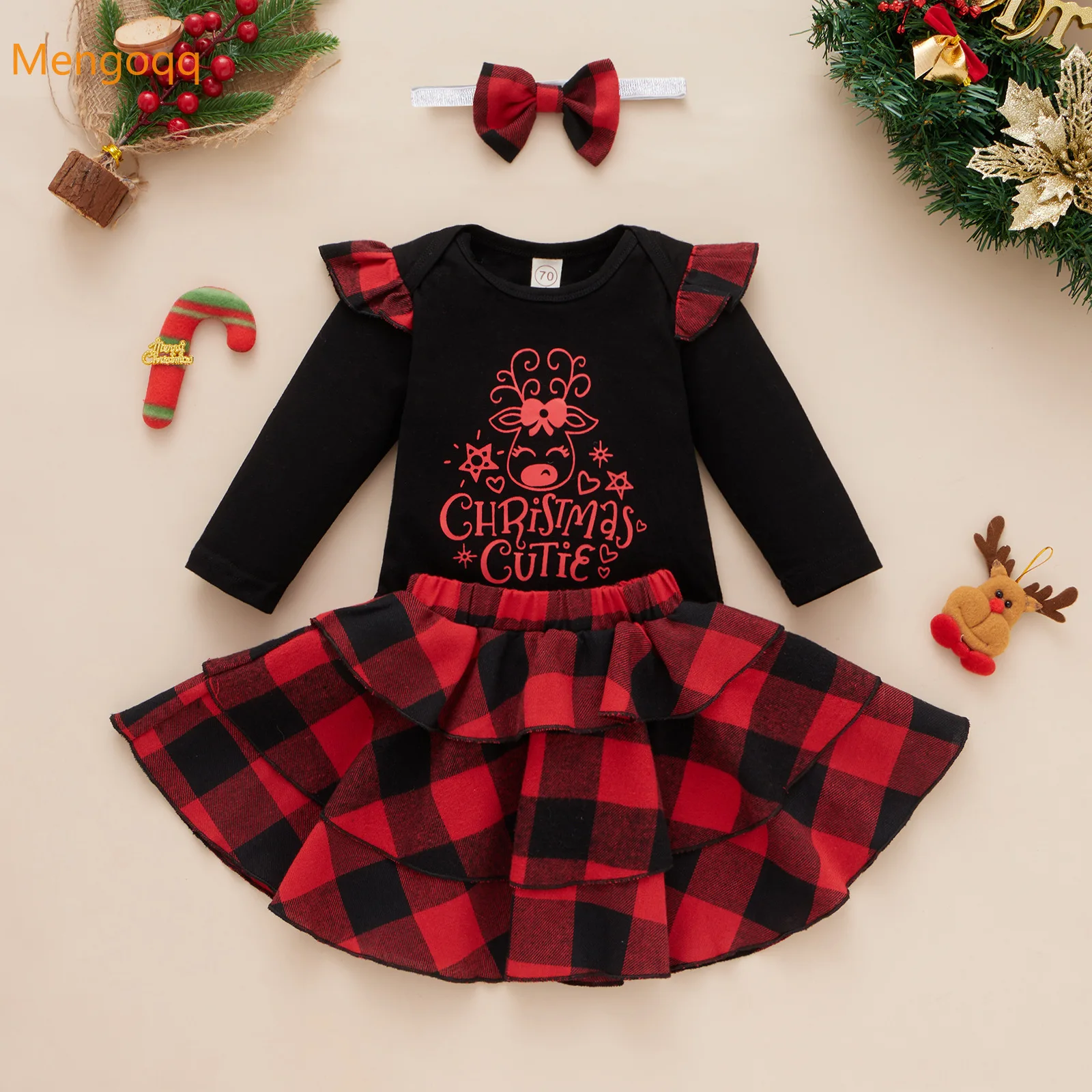 

Xmas Kids Baby Girls Full Sleeve Letter Top Bodysuits Ruched Headbands Plaid Tiered Skirts Children Christmas Clothes Set 3pcs