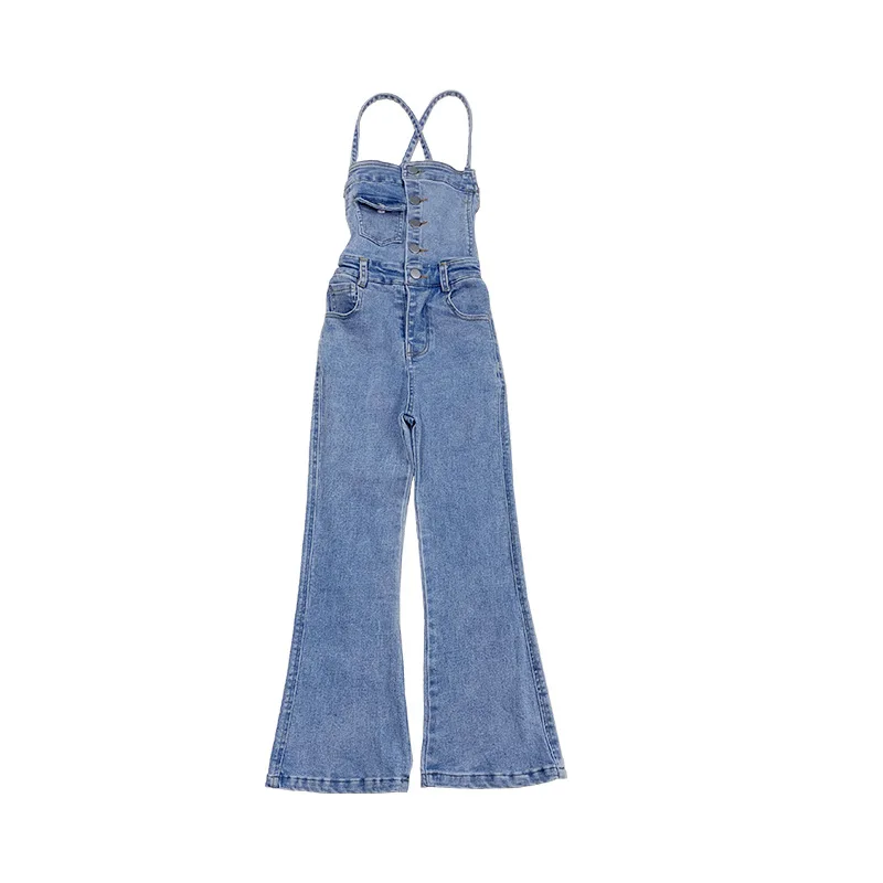 

Girls' denim overalls 2021 summer new style Hong Kong style cool girl halter slim-fit micro trousers