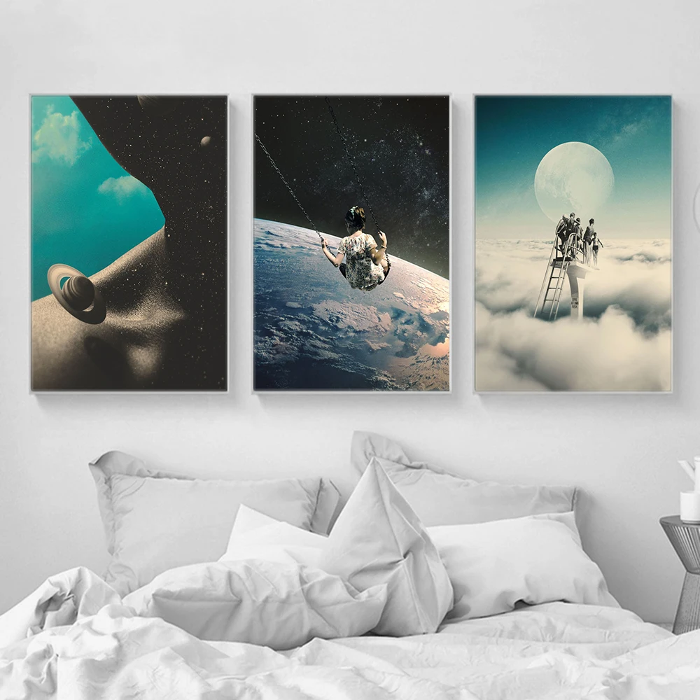 Девушка качели холст картина под ночным небом сюрреалистизм Галактика Космос