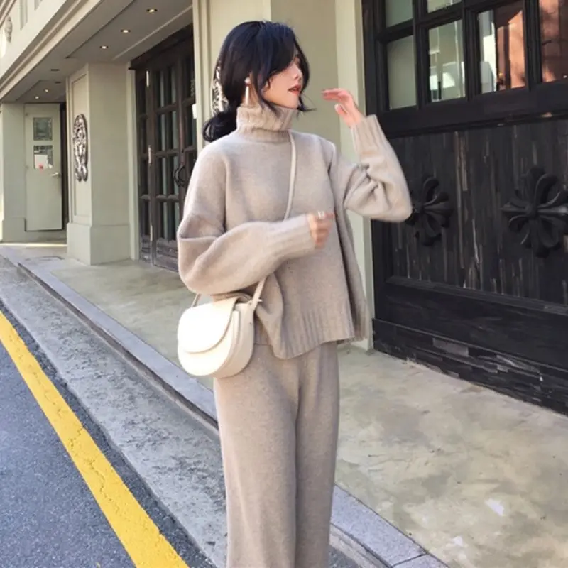 

Casual pants suit women 2021 autumn and winter new Korean casual thick high-neck knitted sweater sports pants two-piece suit