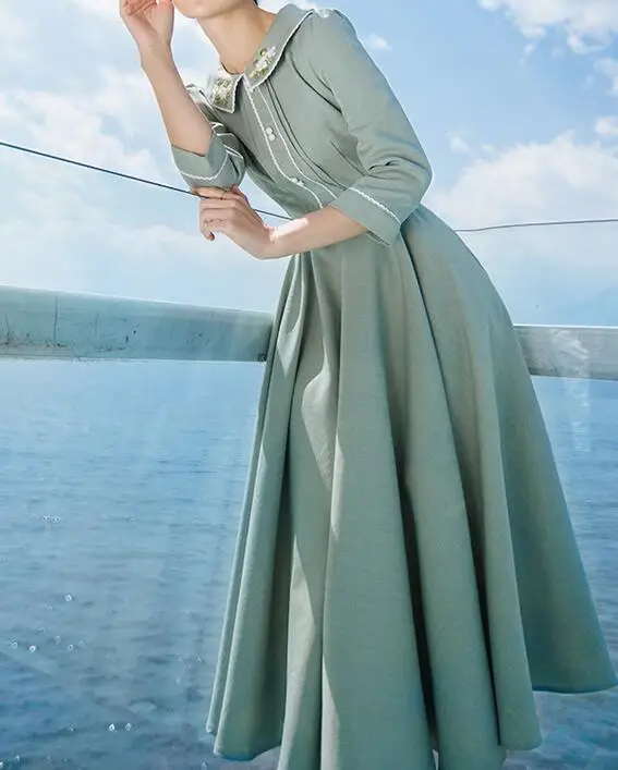 Осень Новое поступление ретро Цветочная вышивка Питер Пэн воротник три четверти рукав женское длинное платье