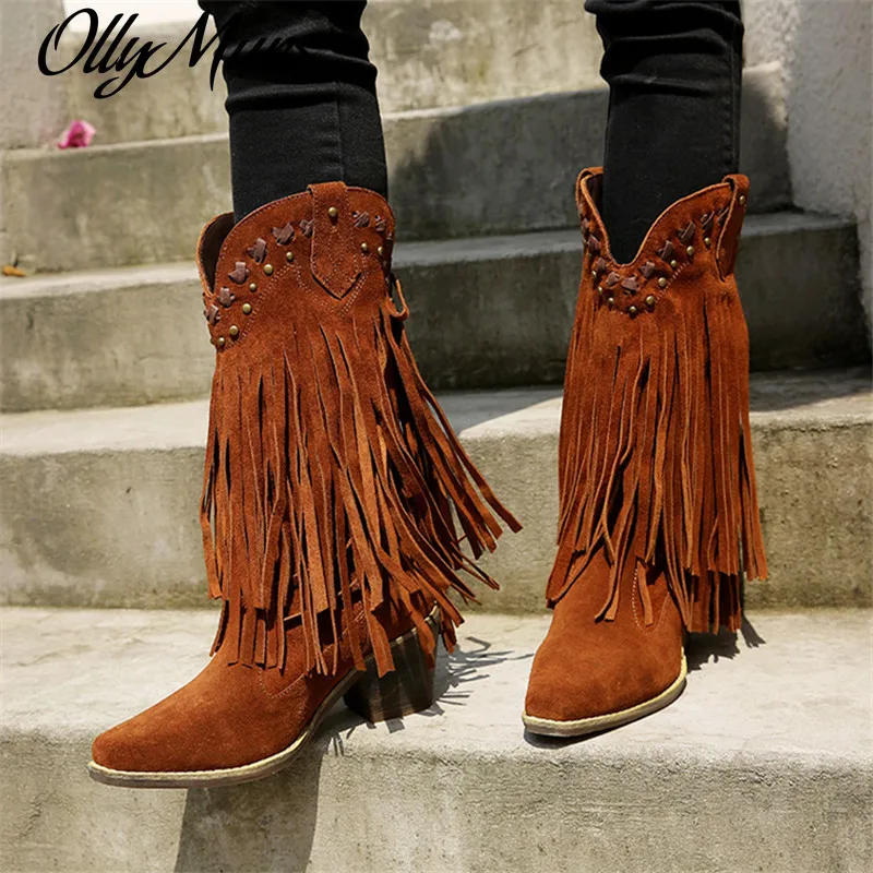 

Ollymurs Rivets Fringed Women Mid-calf Boots Chunky High Heel Boot Cow Suede Dress Shoes Woman Retro Tassels Botas Mujer