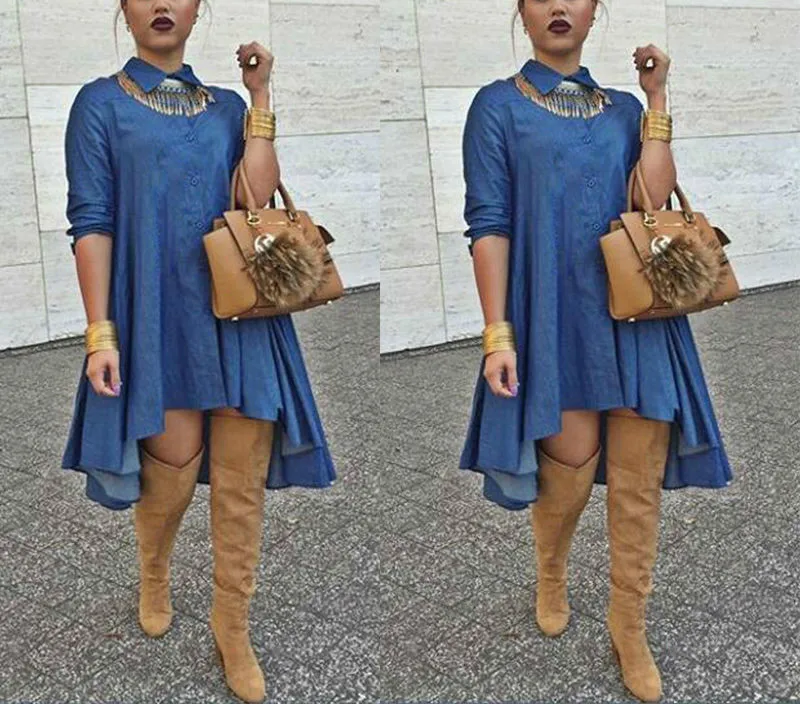 Модная женская джинсовая рубашка Повседневная Свободная с длинным рукавом мини