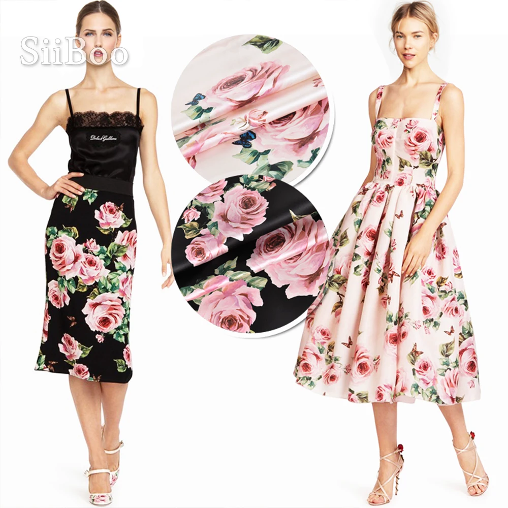 Итальянская Роскошная розовая и черная шелковая ткань из спандекса с принтом